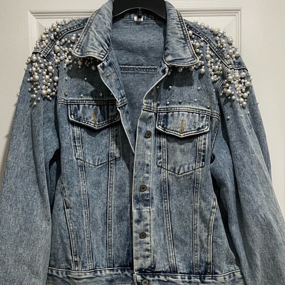 Denim Jacket with Pearl Embellishments